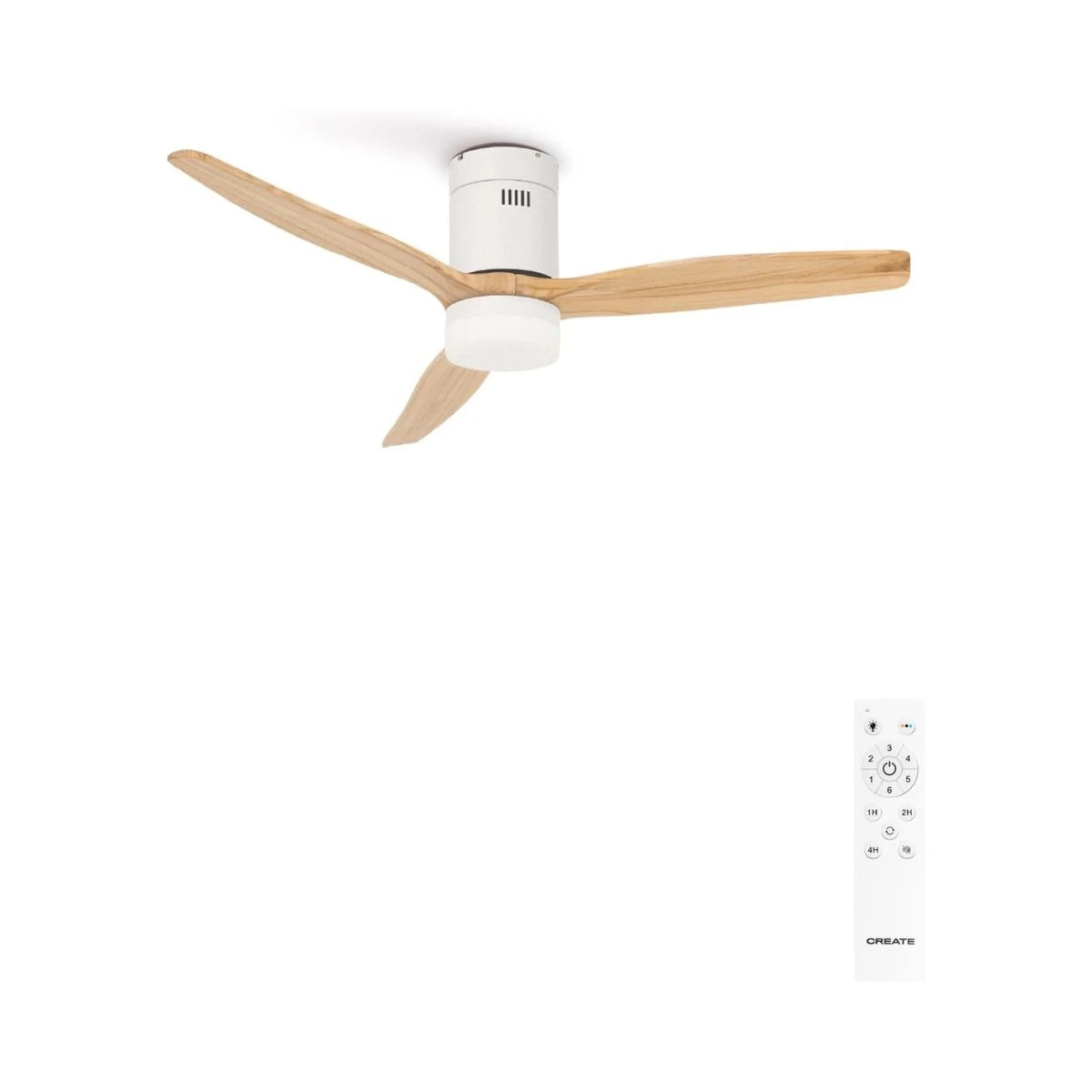 Ventilador de techo CREATE WINDCALM blanco con tres aspas efecto madera y mando a distancia